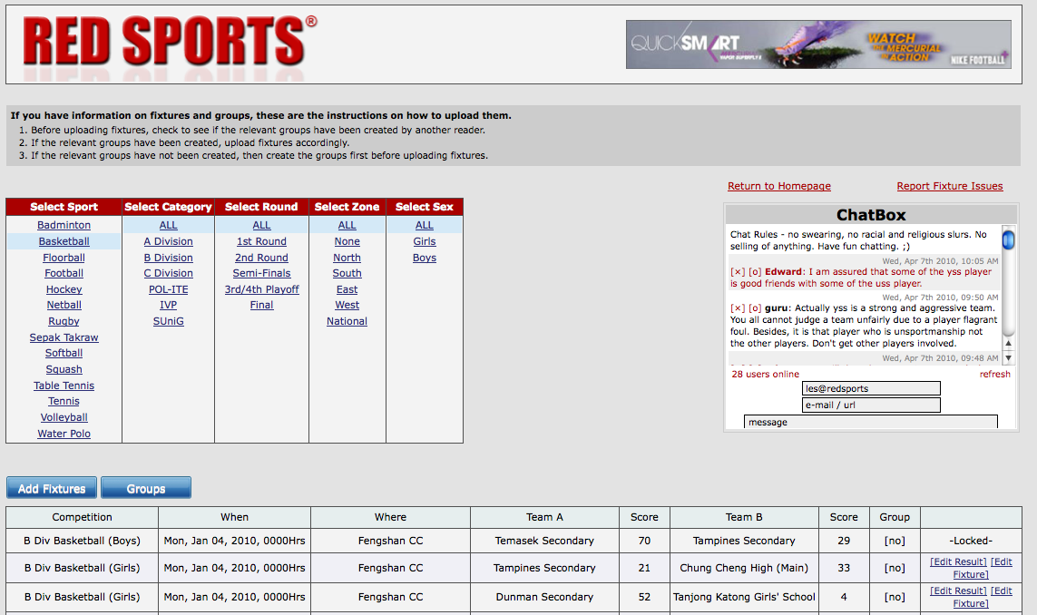 red sports schools fixtures and groups page