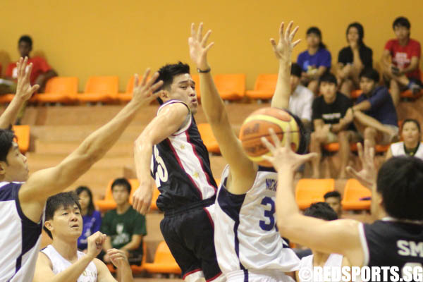 Victor Tang (SMU #23) threading a pass to his teammate Ho Ming Xiu (SMU #21) in between the SIM defense