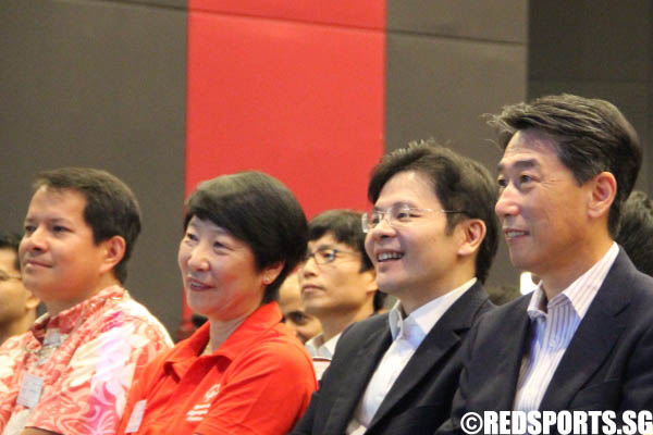 Mr Richard Seow (extreme left), the chairman of the Singapore Sports Council, Dr Teo-Koh Sock Miang (second from left), the president of Special Olympics Singapore, Mr Lawrence Wong, (second from right) Acting Minister, Ministry of Culture, Community and Youth, Mr Oh Joon (extreme right), the Korean ambassador to Singapore. All of them were in attendance for this send-off ceremony.