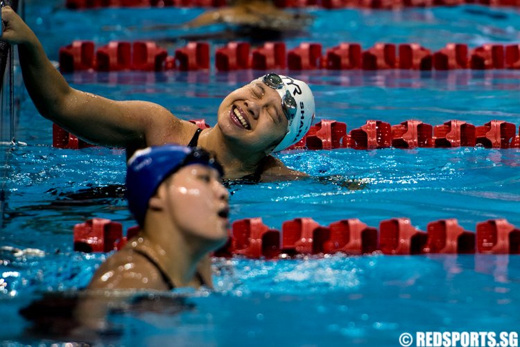 Shanna Lim celebrating after the Women's 50m backstroke super final. She finished with a timing of 29.49 seconds. (Photo 1 © Matthew Lau/Red Sports)