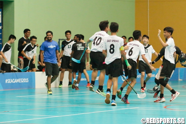 East Spring celebrate their equaliser with 38 seconds left in the game. (Photo 5 © Dylan Chua/Red Sports)