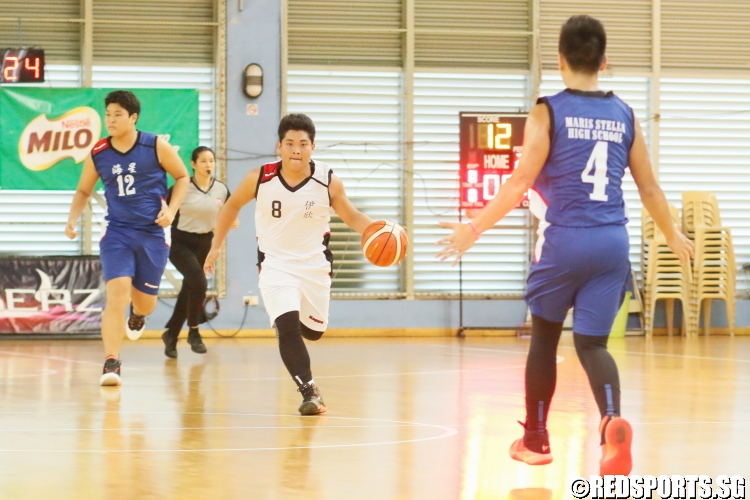 Michael Justin Nolasco Esplana (Ahmad Ibrahim #8) pushes the ball up-court on transition. (Photo 3 © Dylan Chua/Red Sports)