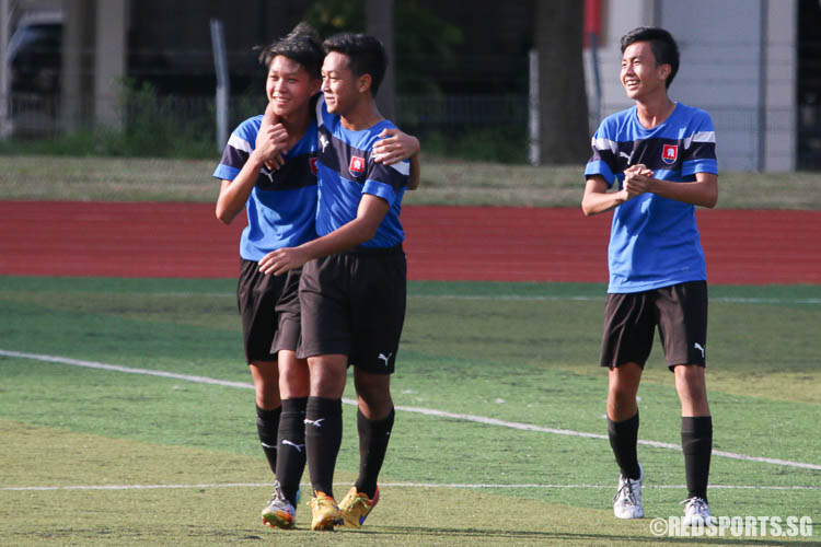 Ferdinand Lim (NYJC #10, left) celebrates after scoring the second goal. (Photo © Chua Kai Yun/Red Sports)