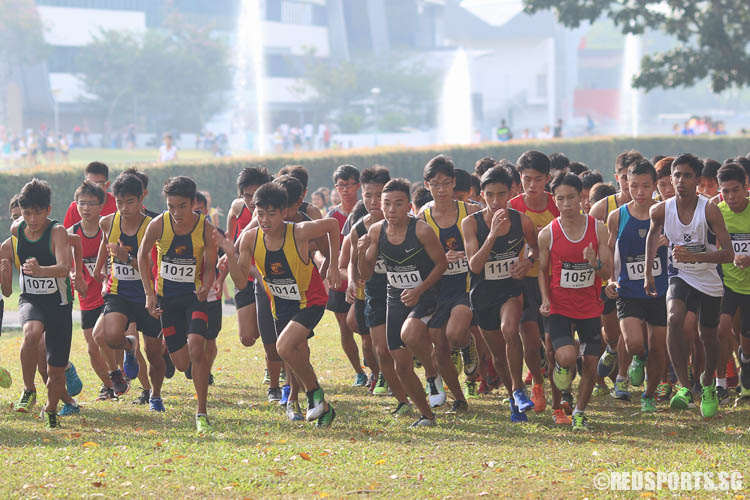 Runners starting their 4.60km route in the A Division Boys Category at the 57th National Cross Country Championships. (Photo © Chua Kai Yun/Red Sports)