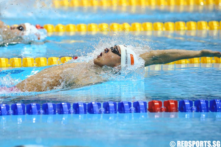 Quah Zheng Wen in action during the mens' 15 and over 200m backstroke "A" final at the 47th Singapore National Age Group Swimming Championships. He finished third among the 15 and over group with a timing of 2:01.42. (Photo © Soh Jun Wei/Red Sports)