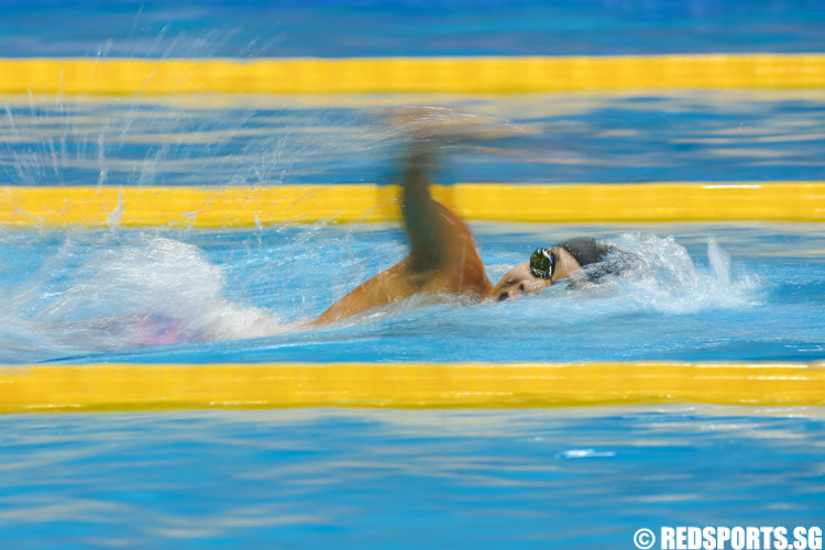 Jonathan Tan in action in the mens' 13-14 year old 400m freestyle 'A' finals at the 47th Singapore National Age Group Swimming Championships. He came in second with a timing of 4:10.68, setting a new under-14 national record. (Photo © Soh Jun Wei/Red Sports)