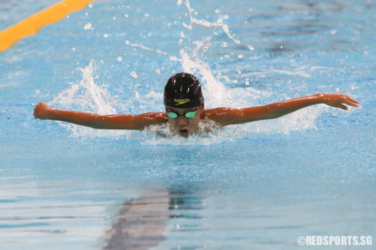 Nathan Lim in action during the 100m butterfly race. He finished first in the 9 year old age group with a timing of 1:21.95. (Photo 2 © Chua Kai Yun/Red Sports)