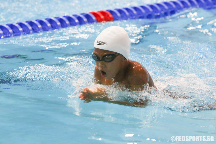 Marcus Choo in action during the 50m breastroke event. He finished first in the 9 year old age group with a timing of 40.70, breaking the last meet record of 41.31 set by Zachary Tan in 2012. (Photo 16 © Chua Kai Yun/Red Sports)