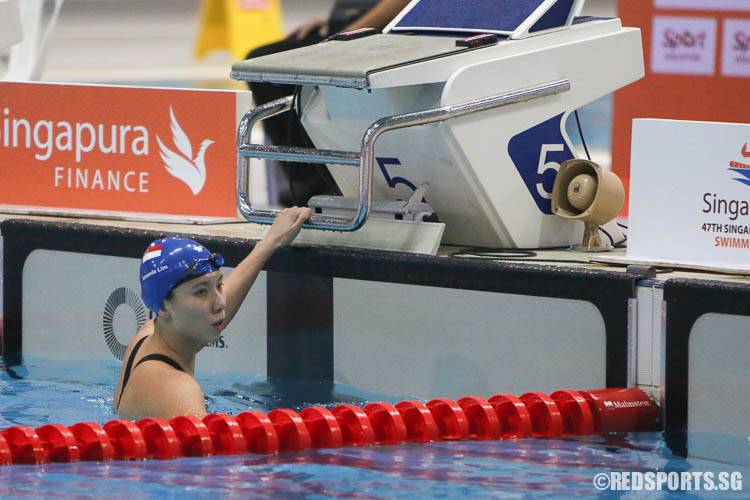 Amanda Lim reacts after her 50m freestyle race. She finished second in the open category with a timing of 25.66, meeting the B qualifying cut for Rio Olympics. (Photo © Chua Kai Yun/Red Sports)