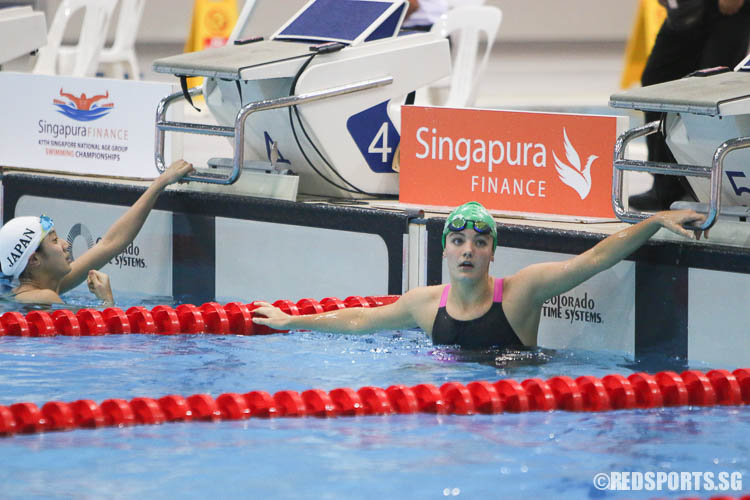 Georgina Winters, 14, reacts after her 50 freestyle race. She finished second in the 13-14 age group with a timing of 27.40s. (Photo © Chua Kai Yun/Red Sports)