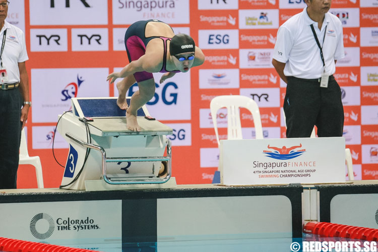 Quah Jing Wen in action during her 200m butterfly 15 and over 'A' finals at the 47th Singapore National Age Group Swimming Championships. She finished 5th among 15-17 year olds with a timing of 2:18.10, breaking the meet record. (Photo © Soh Jun Wei/Red Sports)