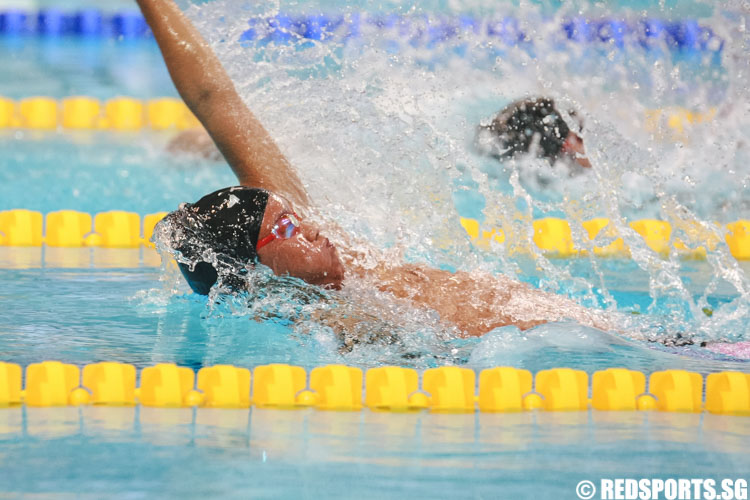 Mikkel Lee in action during his 50m backstroke 13-14 'A' finals at the 47th Singapore National Age Group Swimming Championships. He won among the 13-14 year olds with a timing of 28.71s. (Photo © Soh Jun Wei/Red Sports)