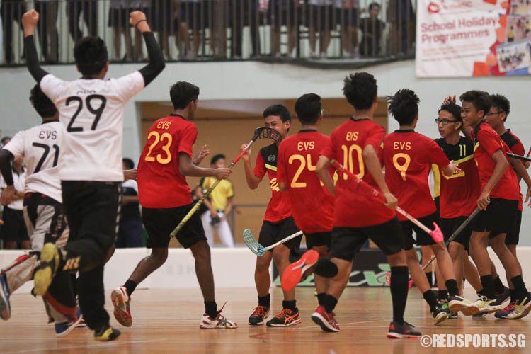 East View players in jubilation as Azhari Saputra B Mustafa (EVS #77, second from right) scored their equalising goal. (Photo © Chua Kai Yun/Red Sports)