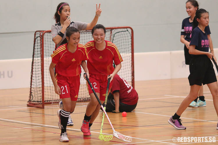 Bukit Merah players sharing a moment after Regina Ong (BM #21, left) scored a goal. (Photo © Chua Kai Yun/Red Sports)