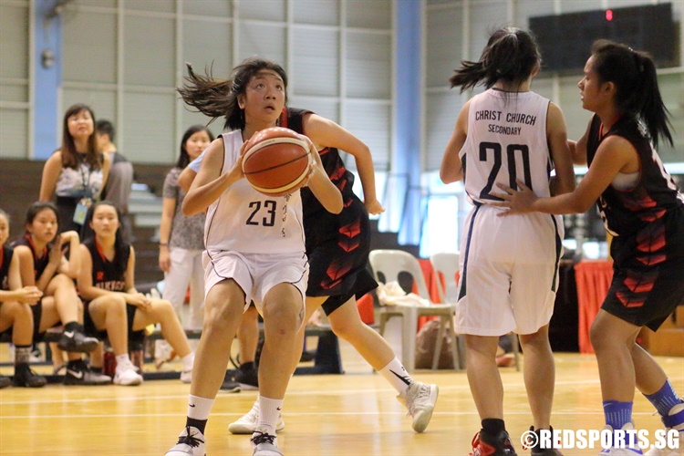 Chiew Sheng Xuan (CHR #23) gets into her shooting motion. She scored a game-high nine points against North Vista Secondary. (Photo 11 © Dylan Chua/Red Sports)