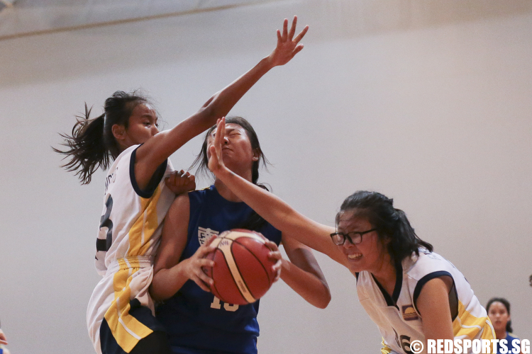 Jasmin Pun (#23) and Toh Wang Xin (#36) of Guang Yang Secondary defends against Goh Kung Huang (#15) of Nanyang Girls. (Photo © Lee Jian Wei/Red Sports)