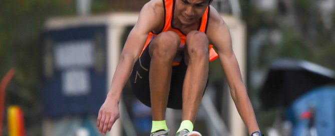 Andrew George Medina of Singapore Sports School rewrote the A Division boys' triple jump record with a 14.58m leap on his second attempt. (Photo 1 © Iman Hashim/Red Sports)